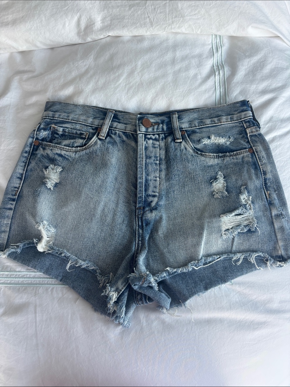 BlankNYC Distressed High-Rise Denim Shorts - Light Blue Wash